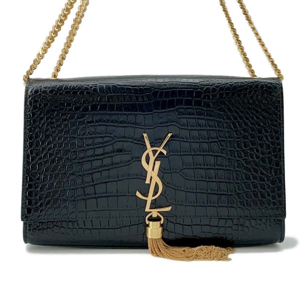 Saint Laurent Paris Chain Shoulder Bag Embossed Leather Tassel Black - Picture 1 of 11